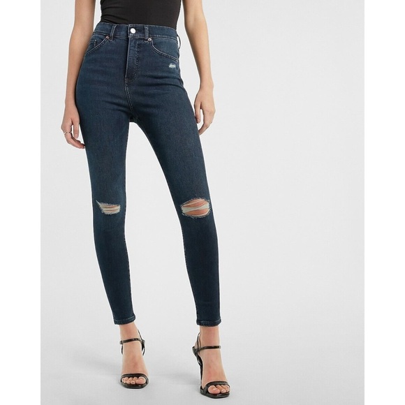 Express Denim - EXPRESS SUPER HIGH RISE DARK WASH RIPPED  SUPERSOFT SKINNY JEANS